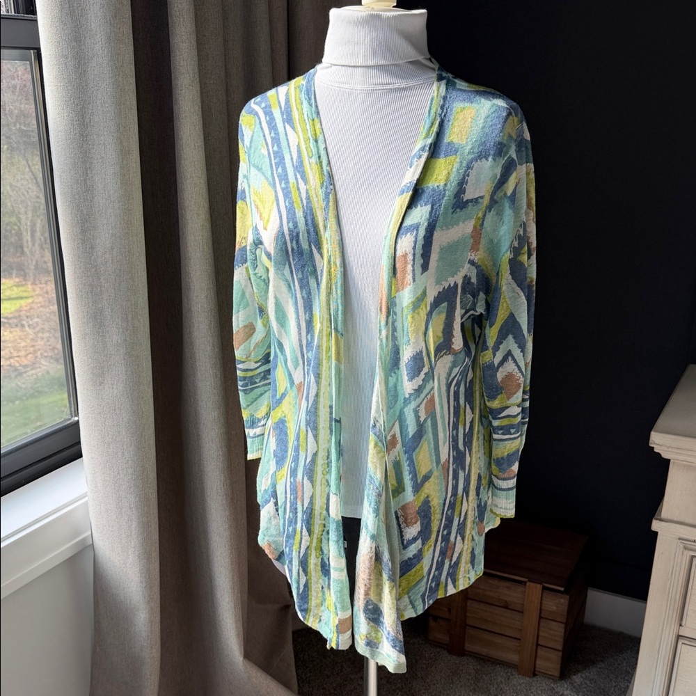 NIC+ZOE Multicolor Geometric Cardigan Size L Buttons‎ Linen Blend EUC Green Blue
